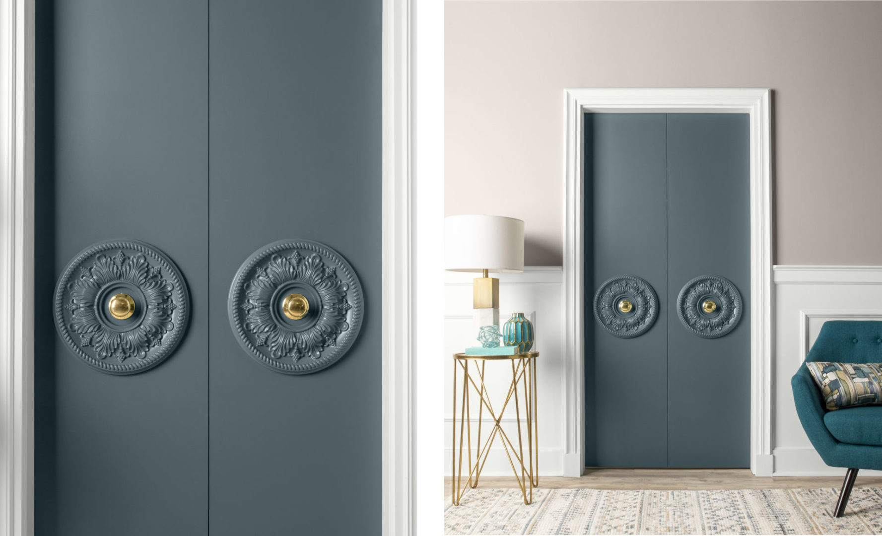 A close-up of a green-blue door with decorative knobs.  Next to this is an image of a room showing the doors placed on the closet.