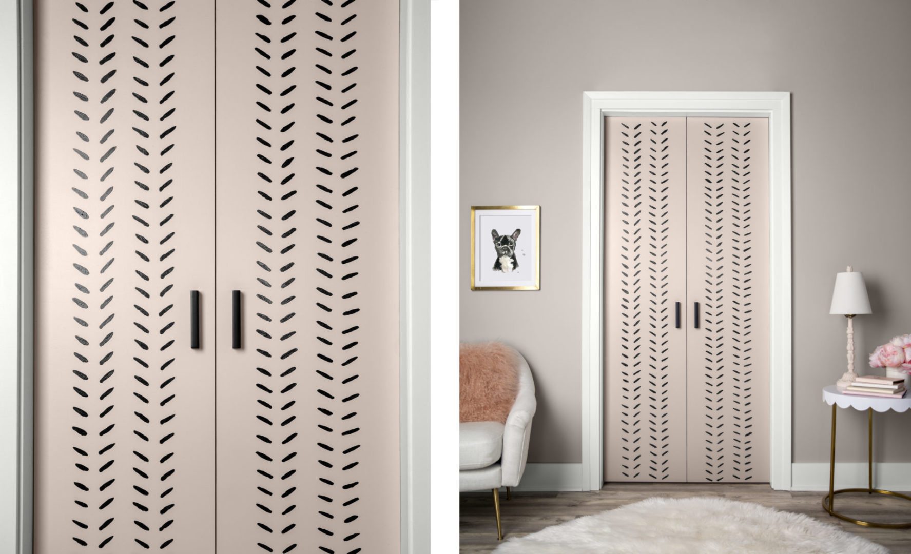 A close-up of a pink door with black short lines placed at a slight angle, in a pattern going vertically up the door.  Next to this is an image of a room showing the doors placed on the closet.