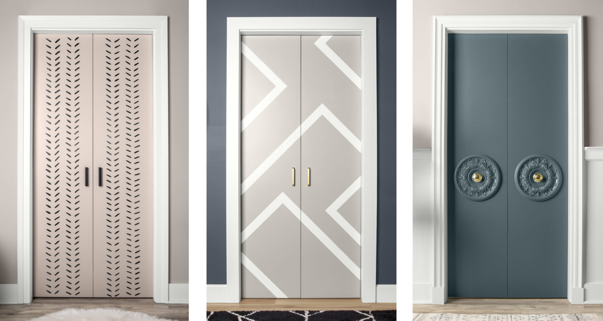 An image showing three doors, side by side, each door has a different designs; dashes, lines, decorative knobs.