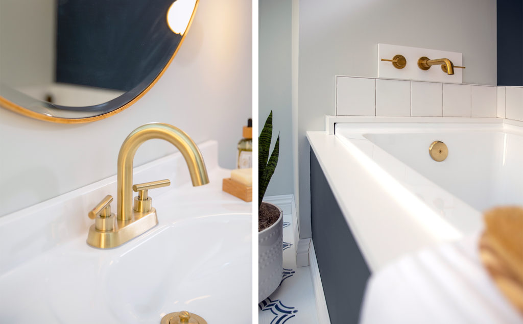 Two side-by-side image showing detailed photos of the new brass hardware on the sink and bathtub. 