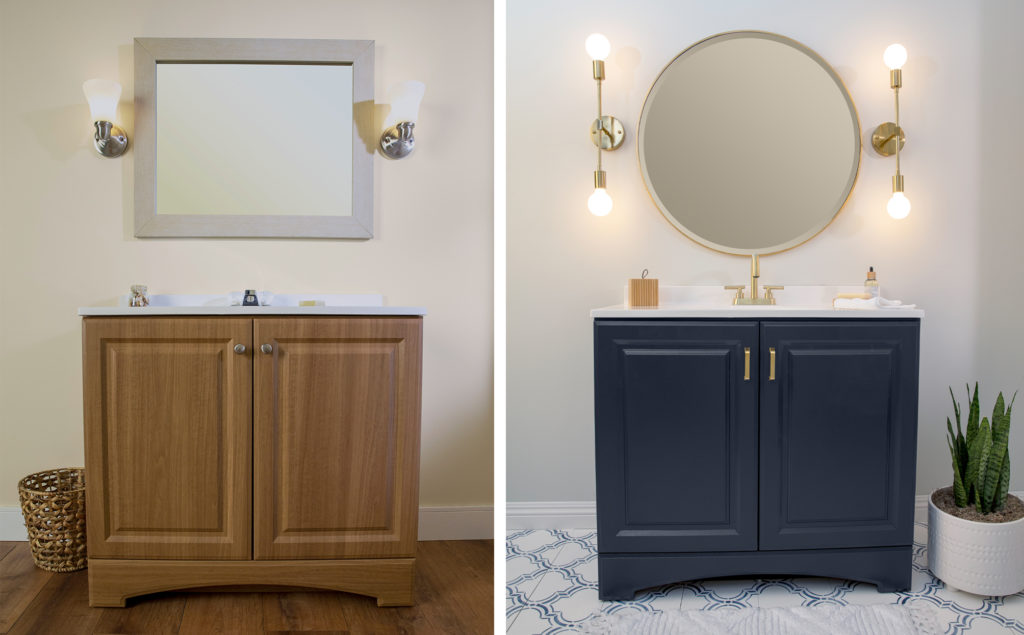 This graphic shows the side-by-side comparison on the the vanity which had been painted with a blue color called Starless Night in a Semi-gloss finish which makes the color standout even more as the light reflects on the paint.   The mirror and hardware was also replace with all brass finish items which elevated the overall look of this vanity area. 