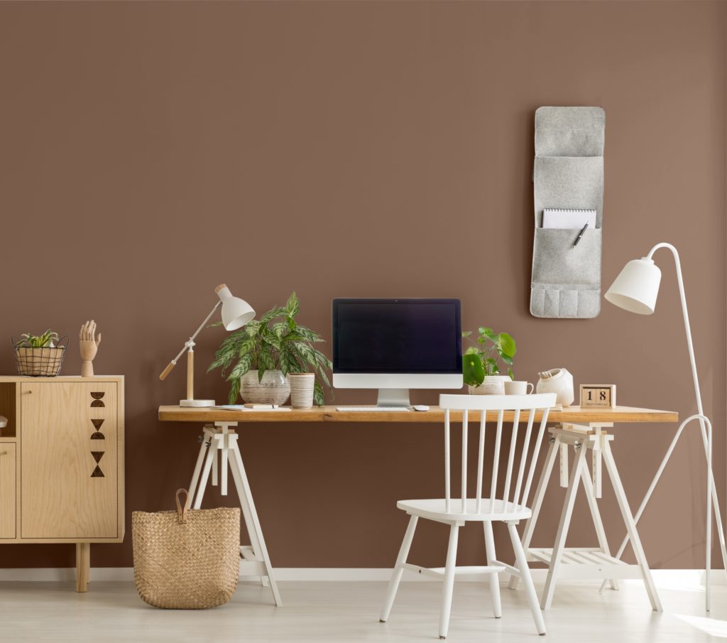 A photo of a wooden cupboard next to a desk with desktop computer and plants in home office interior. The wall color is painted in brown color called Wild Mustang. 