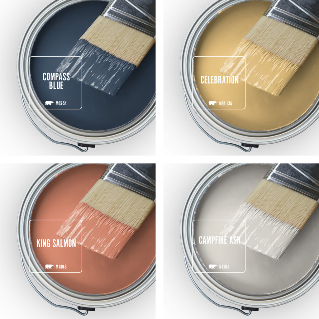 A top view of four paint cans with no lids. Colors shown inside are blue, yellow, coral and gray.