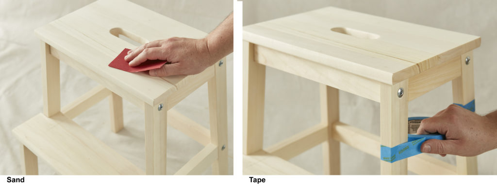 A step stool showing a person sanding and then wiping so that it can be ready to stain.