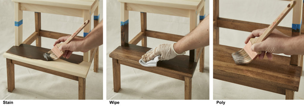 A step stool showing a hand applying stain, then wiping, then applying poly.