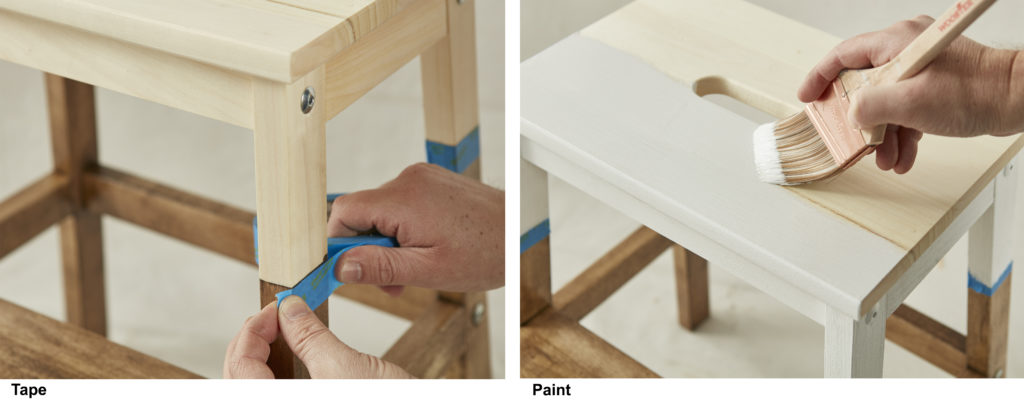 A step stool showing a hand taping and area and then applying paint.