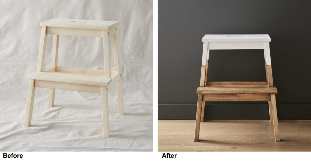 Two step stools side by side. First one is unfinished wood, the second is stained with a medium brown color and painted in a white color.