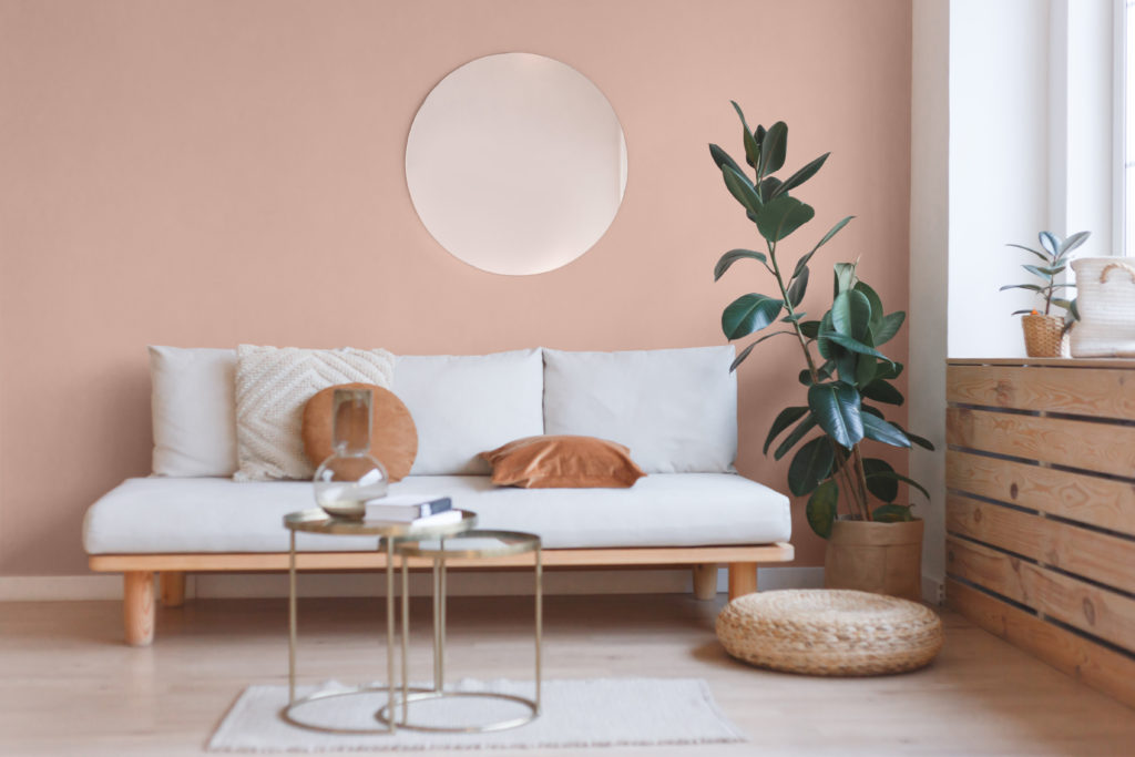 Living room interior with sofa, mirror and ficus. Color featured on the walls is a warm, light pink called Sunwashed Brick. 