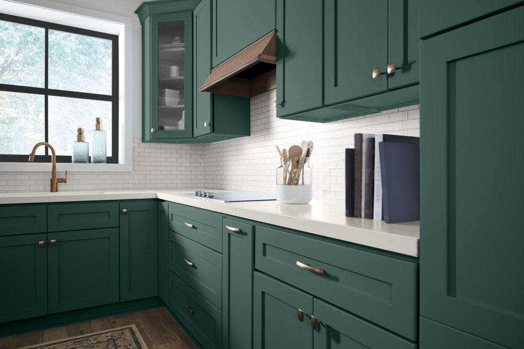 Modern Kitchen with bold deep accent cabinetry painted in Dark Everglade. 