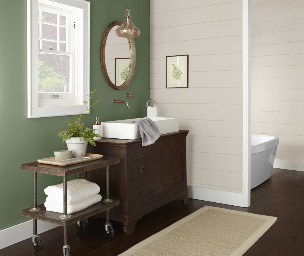 A farmhouse style bathroom with shiplap wall and an accent wall painted in a mid-tone green color called Laurel Tree. 