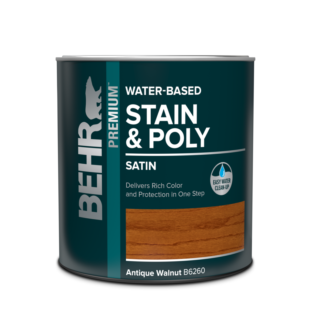 A product image of Behr's Stain & Poly water based stain.