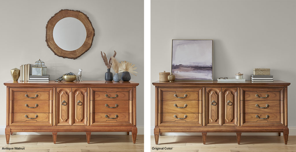 Two dressers side by side, one is stained in Antique White, the other is the original stain color.