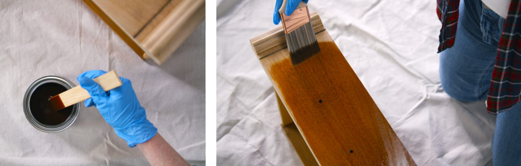 Two images side by side. first one showing someone stir stain in a can, second one is a person applying stain to a dresser.