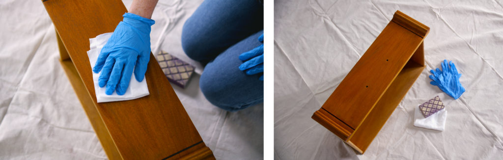 Two pictures side by side, first one a person wiping stain with a dry cloth, second showing a stained draw with gloves, sandpaper and a cloth rag.