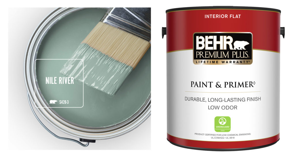 Color swatch in green representing Nile River and an image of the paint label representing the product Interior Flat.