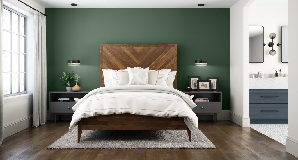 A master bed-bathroom, the featured color on the headboard wall is the focal wall of this urban interior space.  