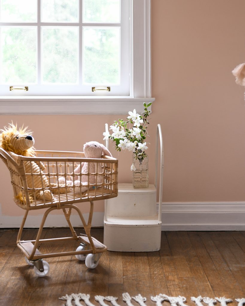 An area of the girls room showing a small shopping cart with a bear placed inside.