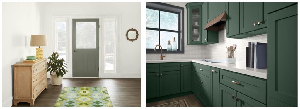 A side-by-side image featuring a white painted home entry with a deep olive green door and a kitchen with dark green cabinets. 