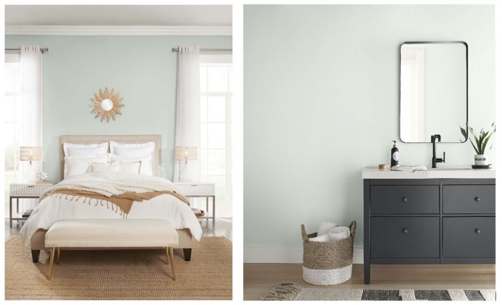A side-by-side image of a casual bedroom painted in a light green tone called Brook Green and a bathroom with a soft black vanity. 