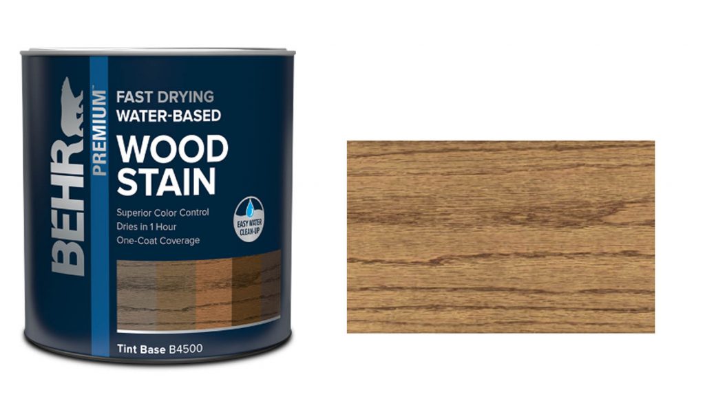 Stain product can and a color swatch of the stain.