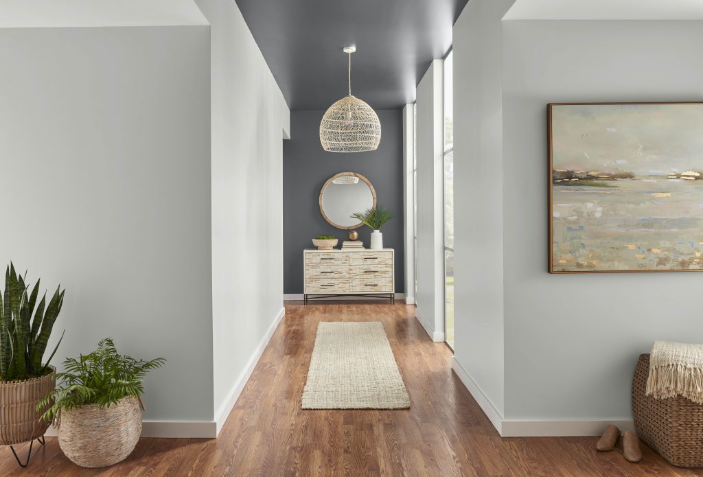 A casual hallway painting with two grays tones, a light color on the left and right walls.  The end of the hallway is painted with a dark charcoal gray called Graphic Charcoal which adds depth and creates a focal point. 