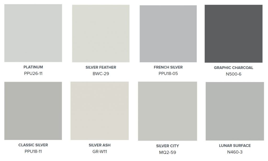 A collage of BEHR's most popular gray which include light. mid and a dark gray tone. 