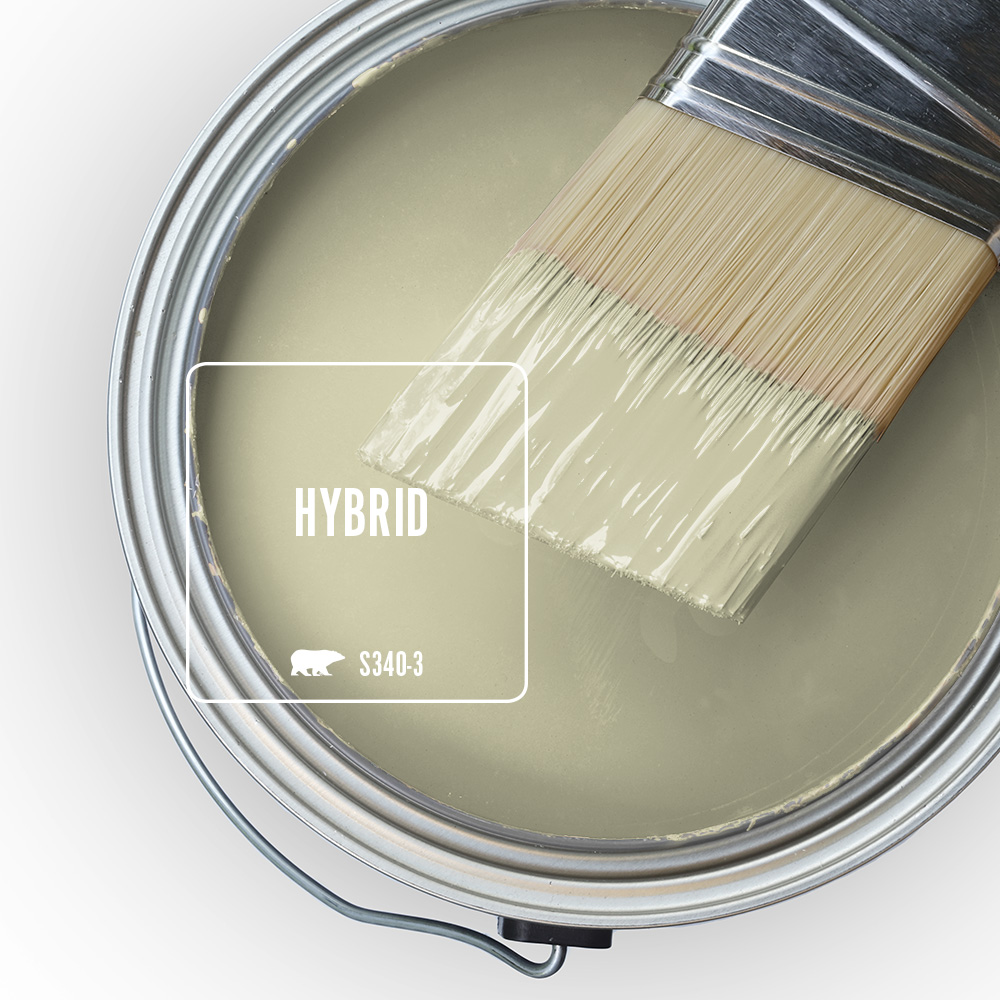 A can overview of an open paint can, the featured color is called Hybrid. 