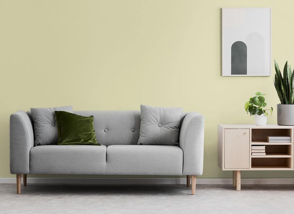 Lamp on wooden table next to grey couch in white living room interior with poster and plants. The wall color is a yellow-green color called Hybrid. 