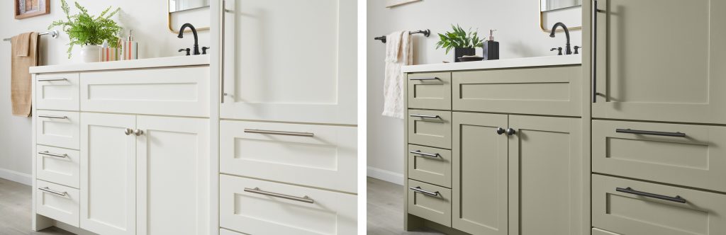 Before and after of a bathroom cabinet, one painted white, the other in Jungle Camouflage.