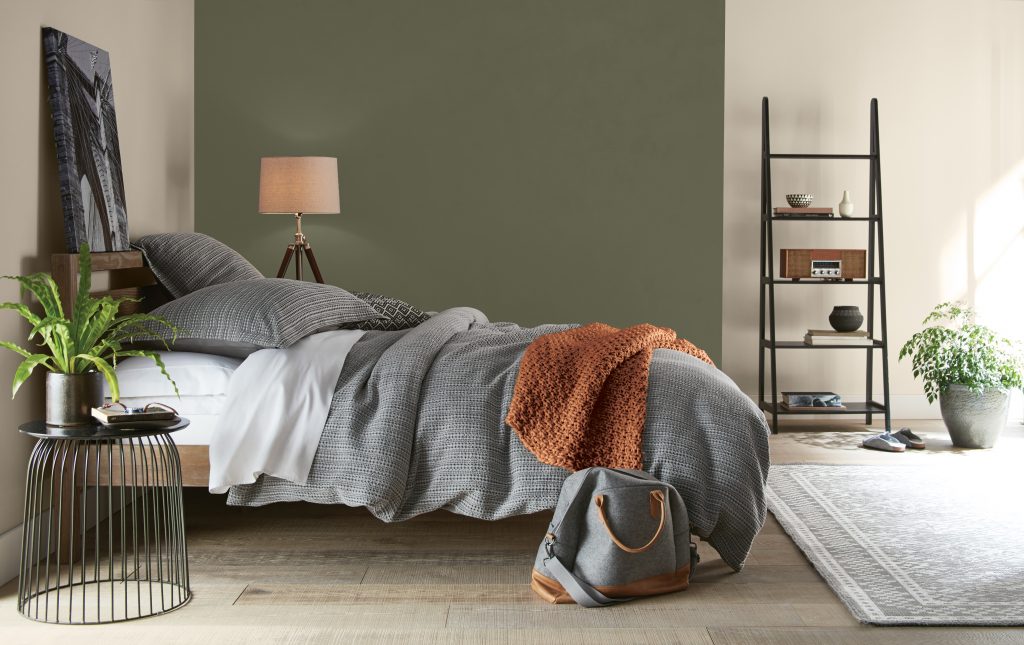 a bedroom with the sidewall painted in a medium green hue.
