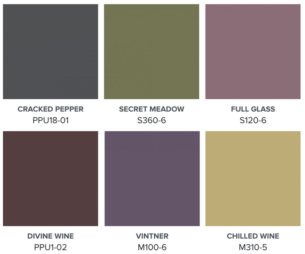 A palette with six colors that range from soft black, green, plums and gold.