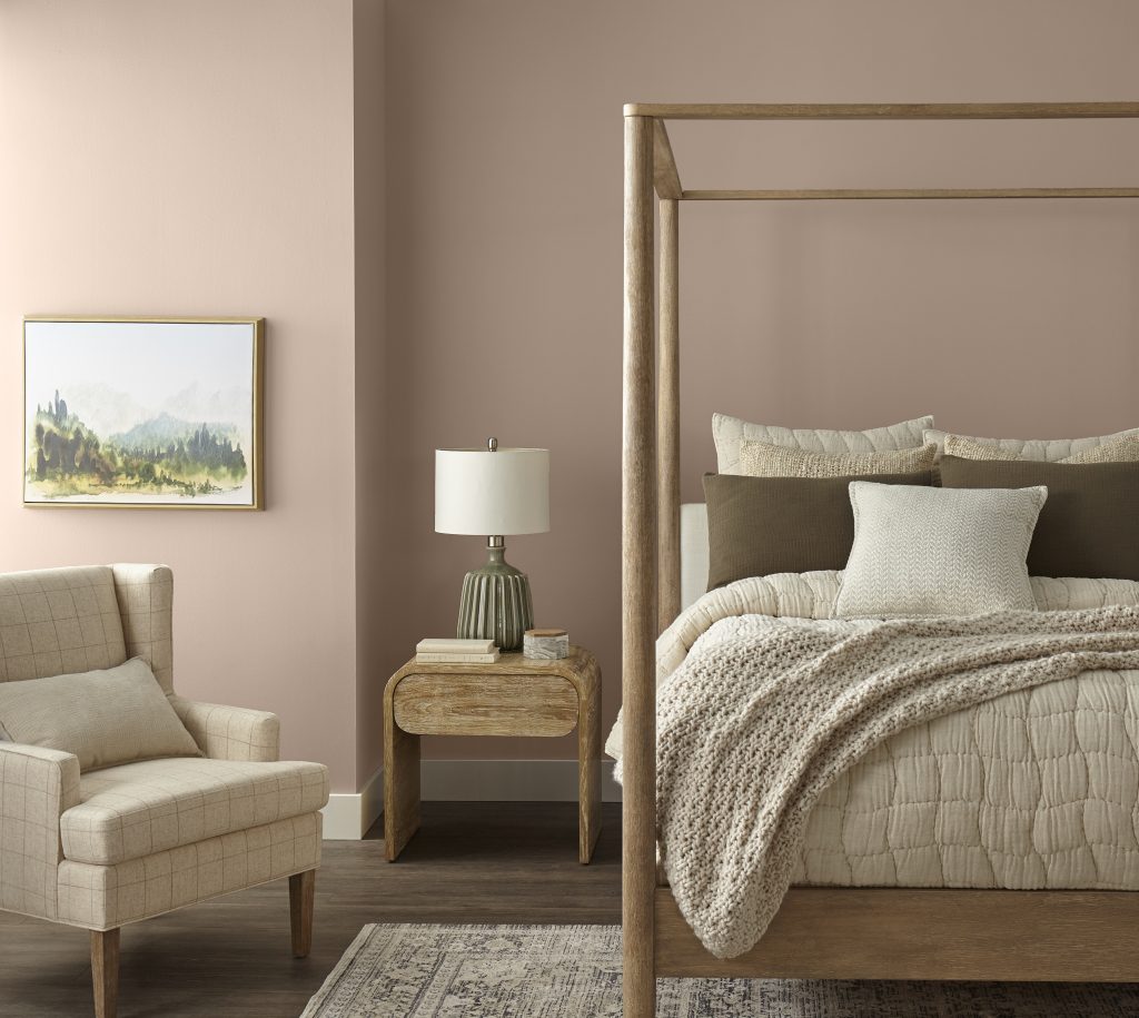 A casual bedroom painted in a fashionable neutral color called Chic Taupe. 