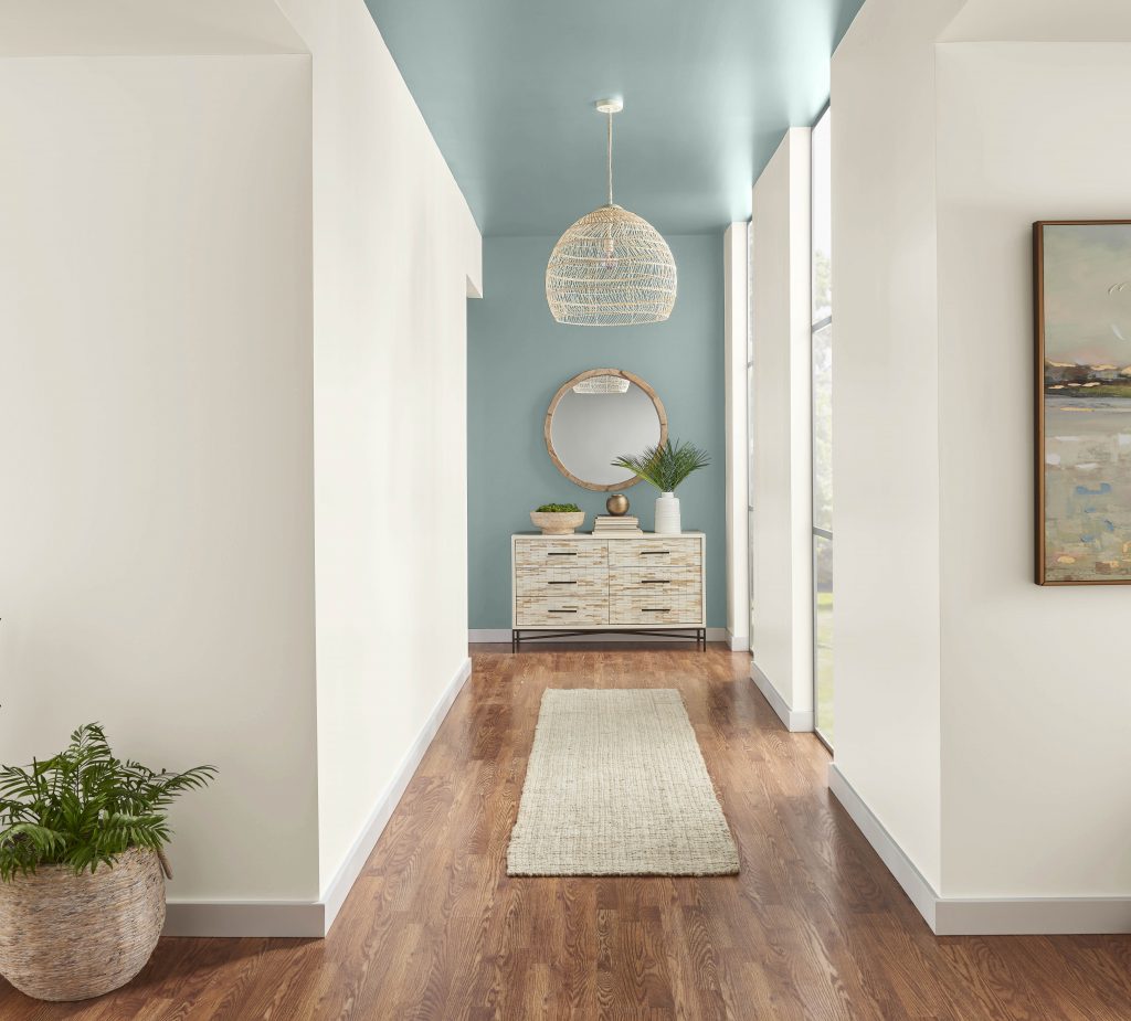 A white casual hallway featuring an accent wall and ceiling in a blue-green color called Provence Blue. 
