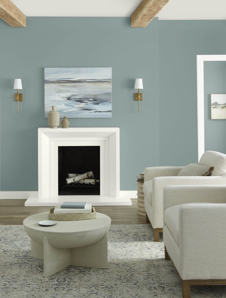 A coastal style living room featuring blue walls.  The furnishings and décor are light and  neutral.  
