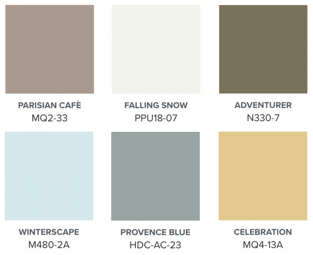 Color Palette showing beige, cream, olive, blue, green, and yellow hues.