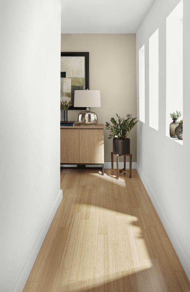 A long hallway painted with a white tone and an accent color at the end of the hallway painted in a slightly darker color. 