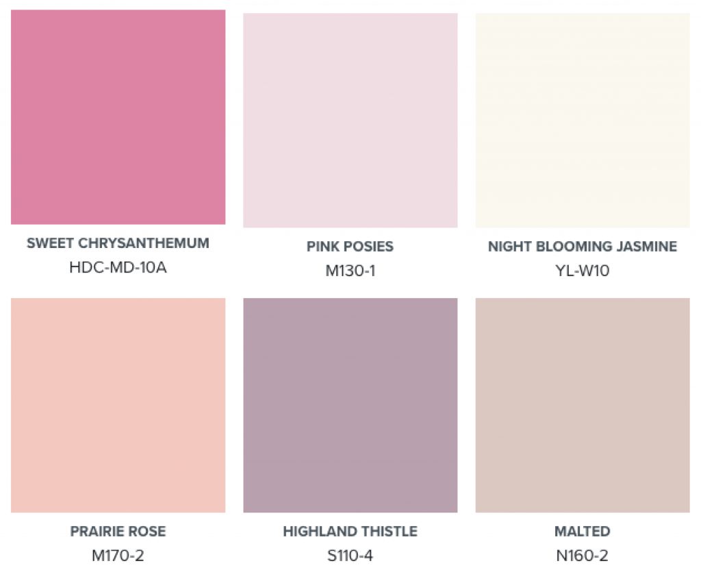 A color palette of pink, purples, plums and peach hues.