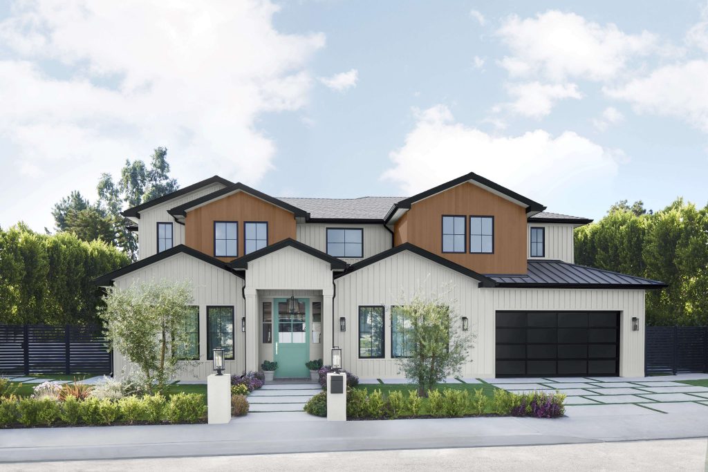 A large modern farmhouse, the trim and garage door are black and the front door is a fun light aqua blue color.