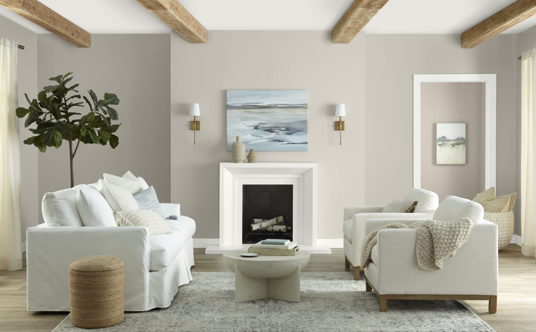 A living room with walls painted in a taupe-gray color