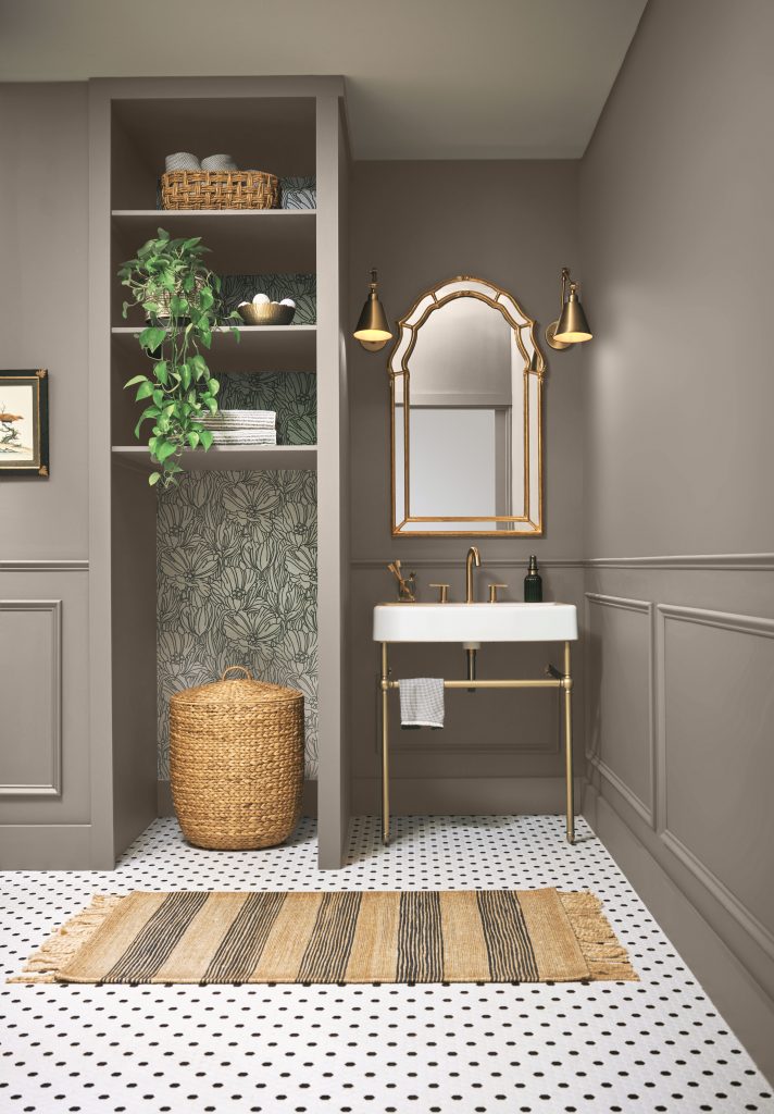 a bathroom with walls painted in taupe.