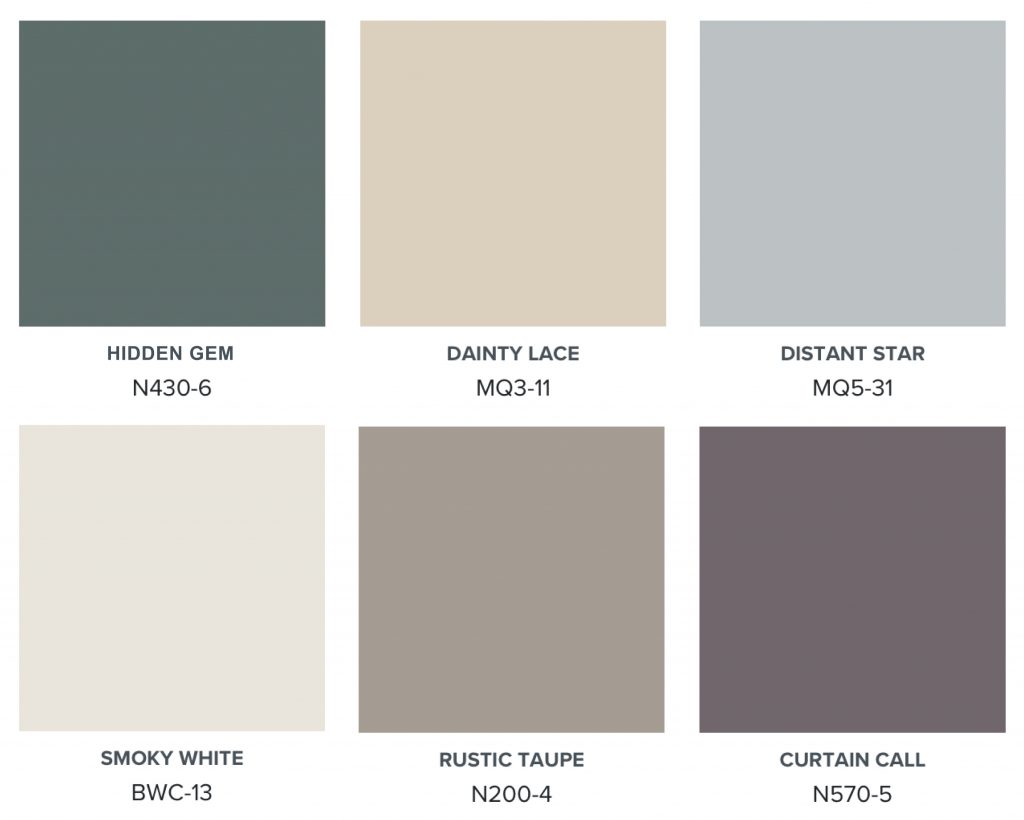 a color palette with a deep green and purple, silvery blue, taupe, tan and white.