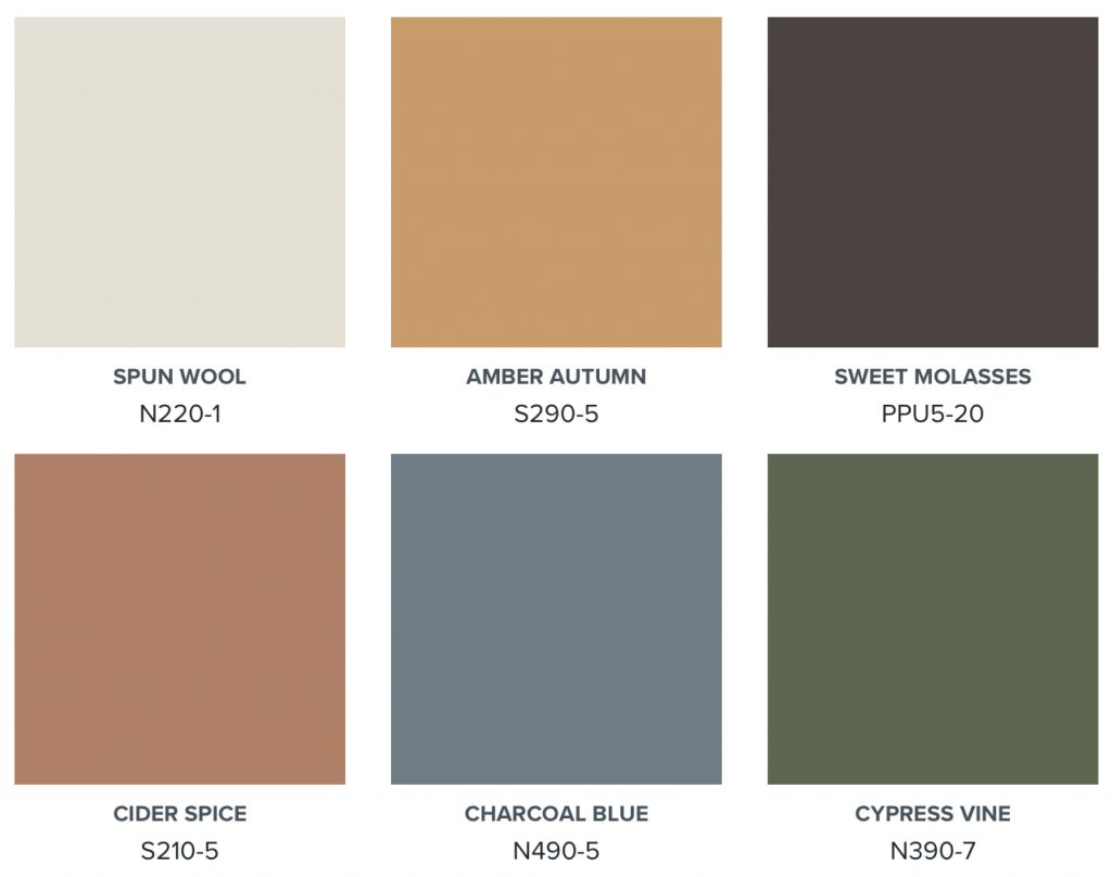 A color palette with colors in soft taupe, golden yellow, rich brown, caramel orange, grayed-blue, and deep green.