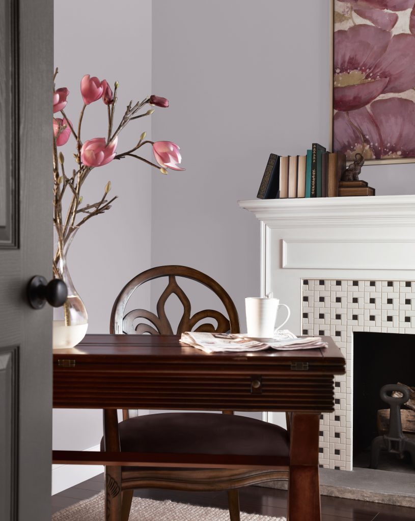 An office painted in an elegant lavender gray