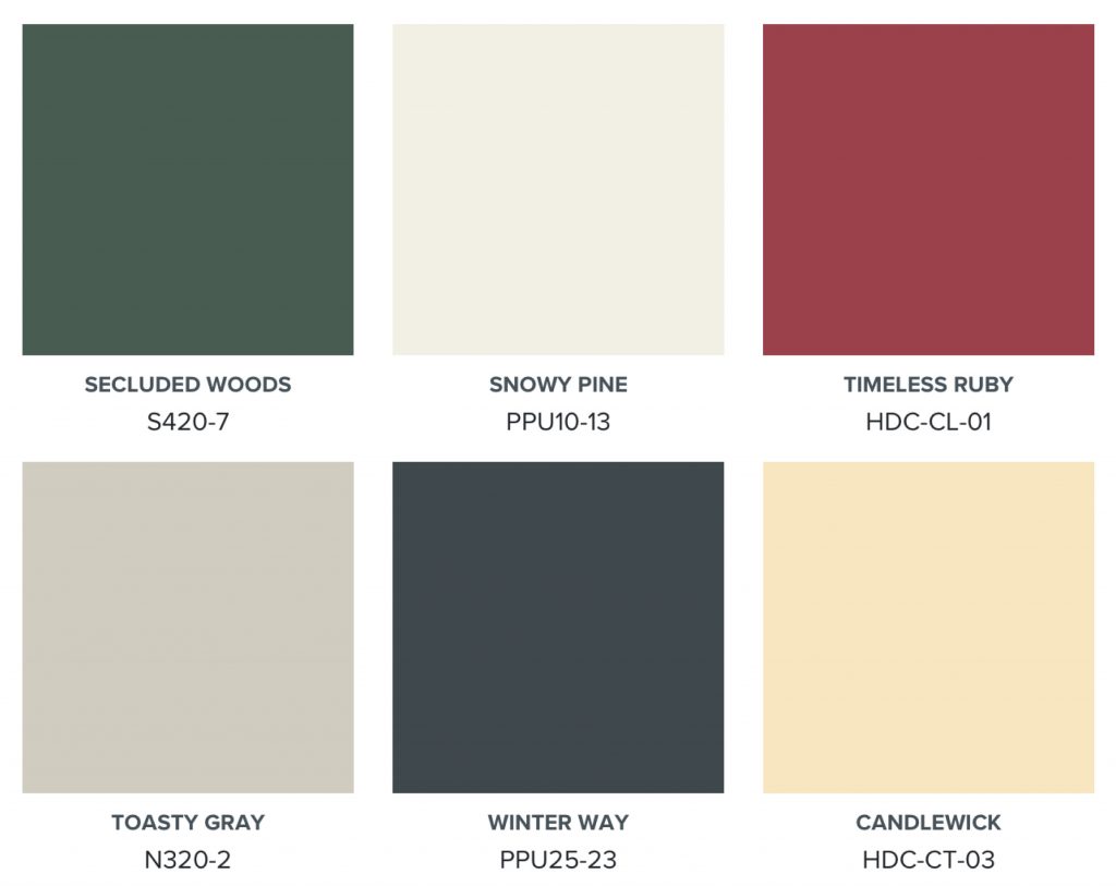 A color palette featuring deep green and blue, neutral creams, warm red, and yellow.