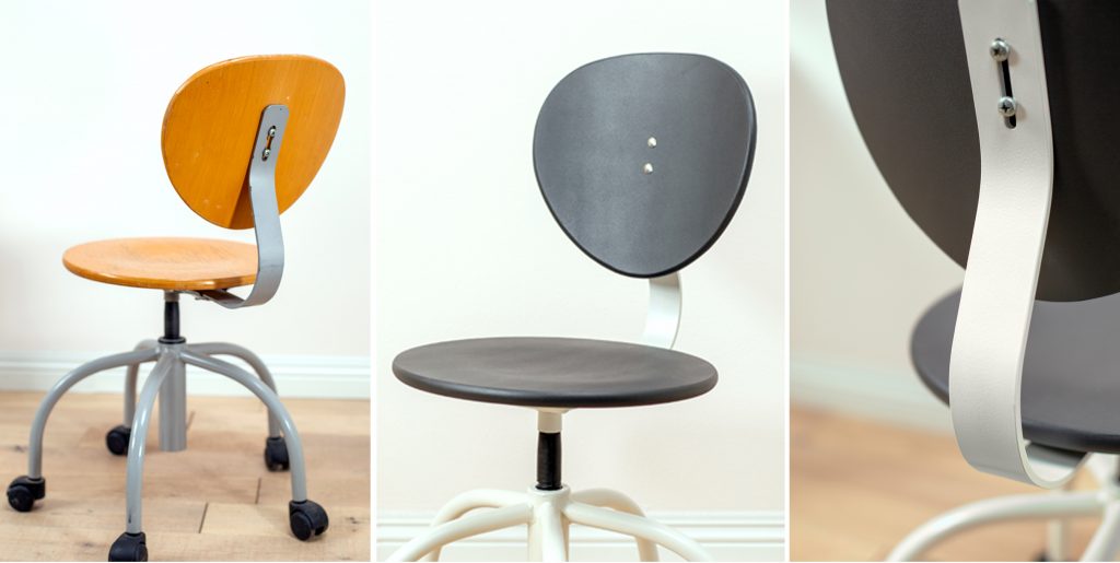 Modern rolling desk chair shown before and after painting, transitioning from natural wood tones to a sleek painted gray finish.