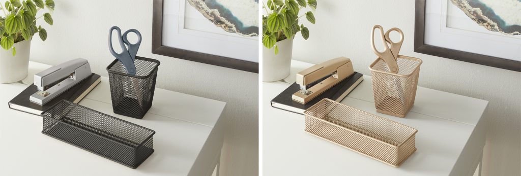 Desktop organizers and office accessories arranged on a white desk, shown in charcoal black on one side and soft beige on the other.