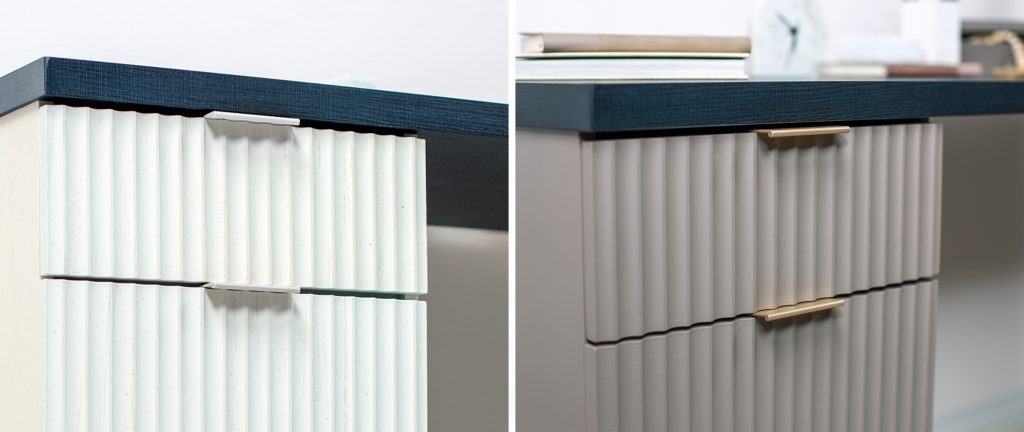 Close-up of ribbed drawer fronts with updated hardware, comparing painted white with cool gray cabinetry and contrasting metal pulls.