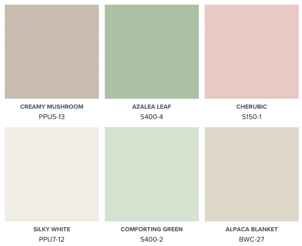 Color Palette with soft pastel neutrals, pinks, and greens.