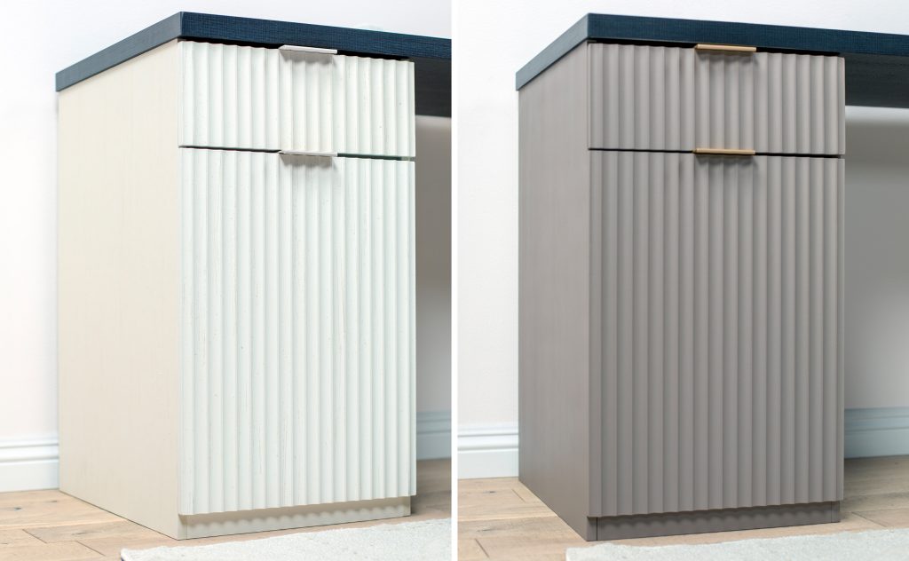 Painted storage cabinet under a desk, shown before and after in off-white and warm gray to demonstrate a subtle color update.