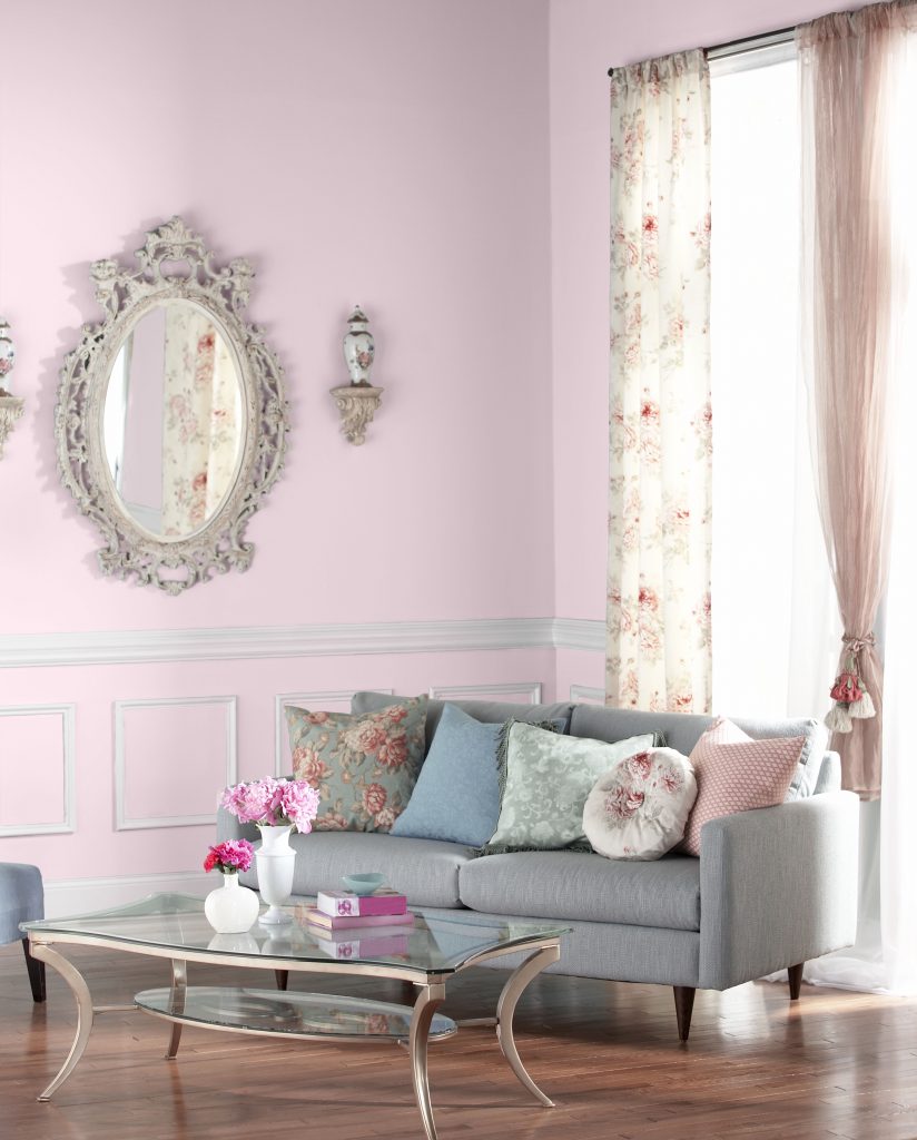 Living room washed in a pale, lavender-inspired hue that brings lightness and warmth to the vintage styling.